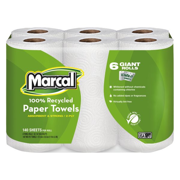 Marcal U-Size-It Perforated Roll Paper Towels, 2 Ply, 140 Sheets, White, 6 PK 6181